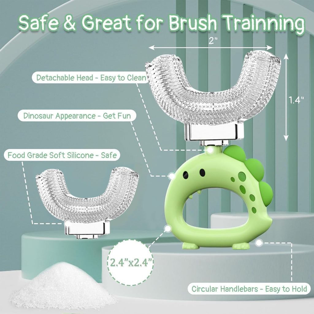 U Shaped Toothbrush - for Kids, Manual Whole Mouth Toddler Toothbrush Age 2-4 5 6 & up,Food Grade Soft Silicone Brush, 360° Oral Teeth Cleaning, Good for Dental Health, 2 Green