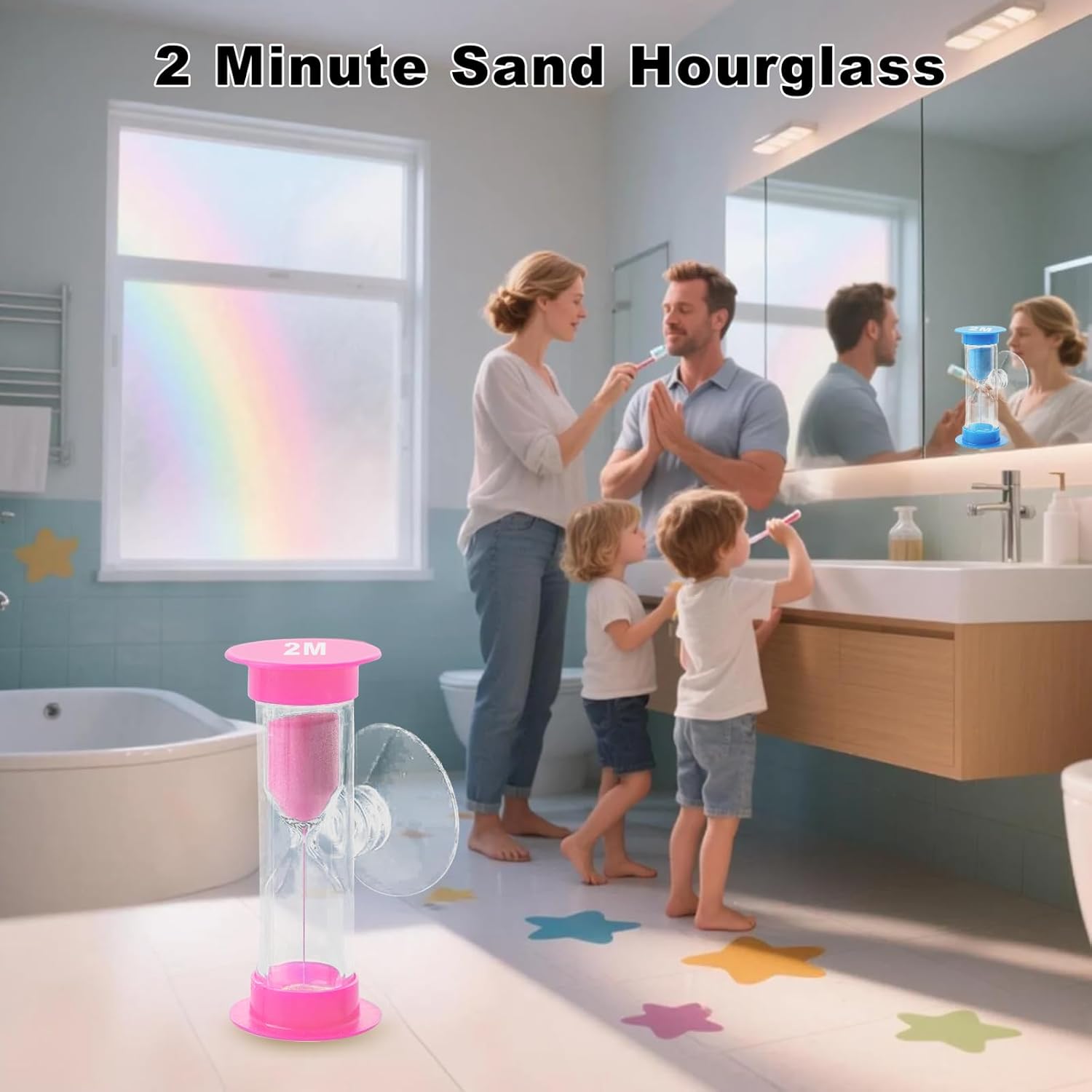 2 Minute Sand Timer with Sauction Cup, Small Blue and Pink Acrylic Hourglass Sand Clock Set, Plastic Glass Mini Sandglass for Classroom Games Kitchen (Pack of 2)