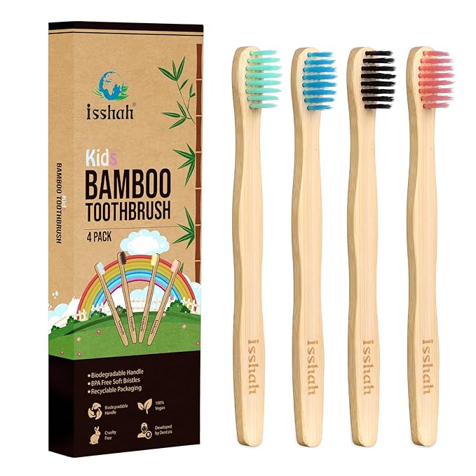 Kids Bamboo Toothbrushes Biodegradable Handle BPA Free Eco Friendly Children Size, Pack of 4