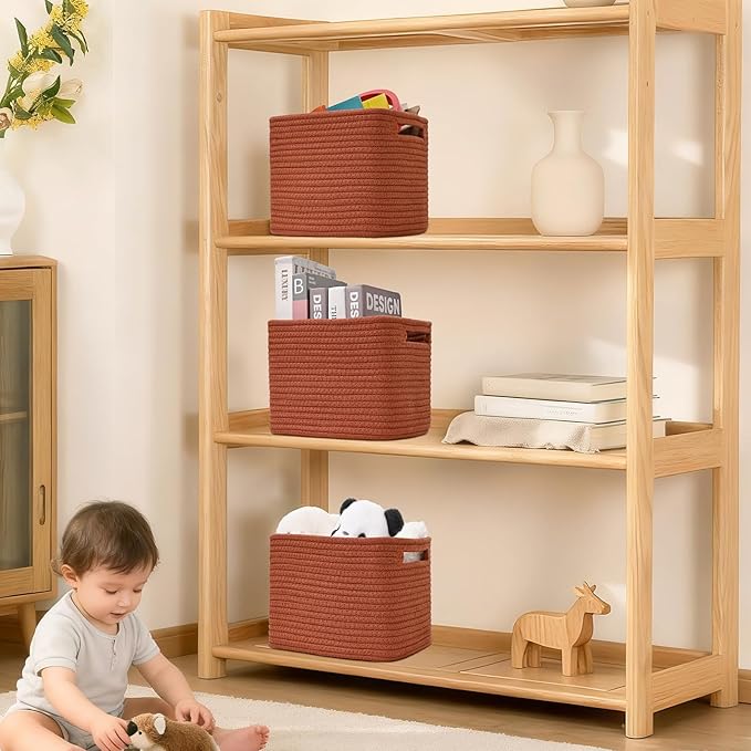 3 Pack Cube Storage Bin, 9”x9”x7” Cotton Rope Woven Baskets for Organizing Toys Clothes Towels, Square Gift Storage Baskets for Shelf, Nursery, Closet, Bathroom, Pantry (Red)