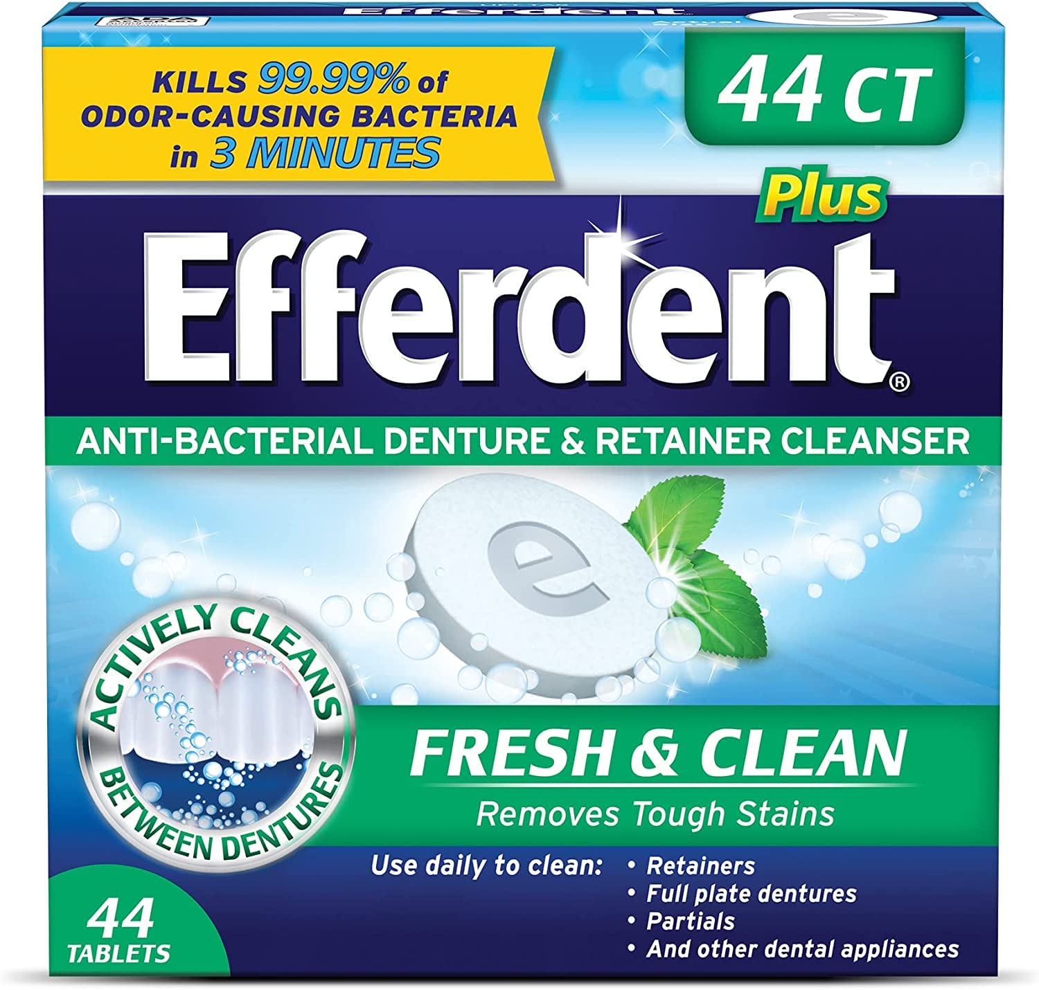 Efferdent Retainer Cleaning Tablets, Denture Cleaning Tablets for Dental Appliances, Minty Fresh & Clean, 44 Count (Pack of 5)