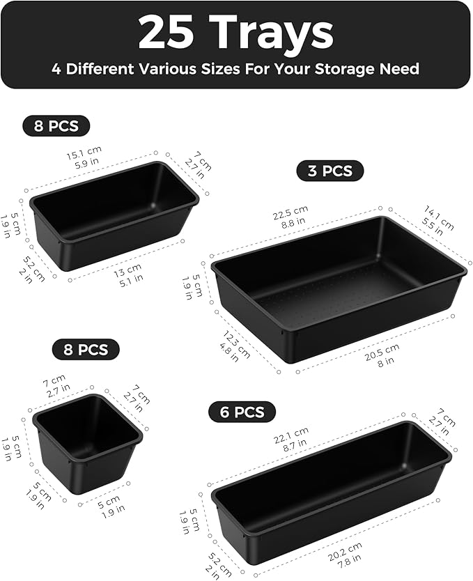 25 PCS Plastic Drawer Organizers Set, 4-Sizes Vanity and Makeup Organizer, Desk and bathroom Drawer Organizer Trays, Organizers and Storage for Makeup, Jewelry, Gadgets, Utensils (Black)