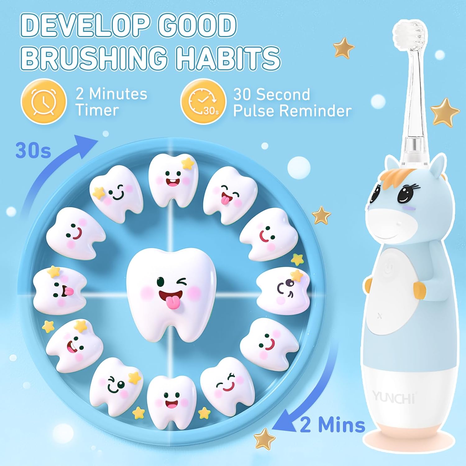 YUNCHI Toddler Electric Toothbrush Kids 0-3-6 Years, Baby Electric Toothbrush with Colorful LED Light, Battery Powered Toddler Toothbrush with 2 Minutes Timer 4 Brush Heads, Infant Toothbrush (Blue)