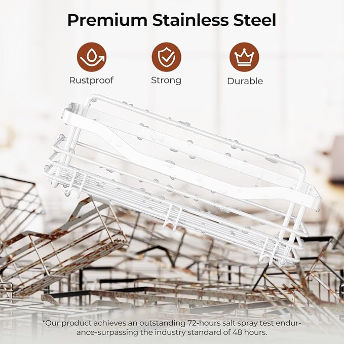 Orimade Shower Caddy Basket Shelf Storage Rack, No Drilling Wall Mounted Adhesive Rust Proof Stainless Steel Shower Organizer with 5 Hooks for Bathroom, White 2 Pack