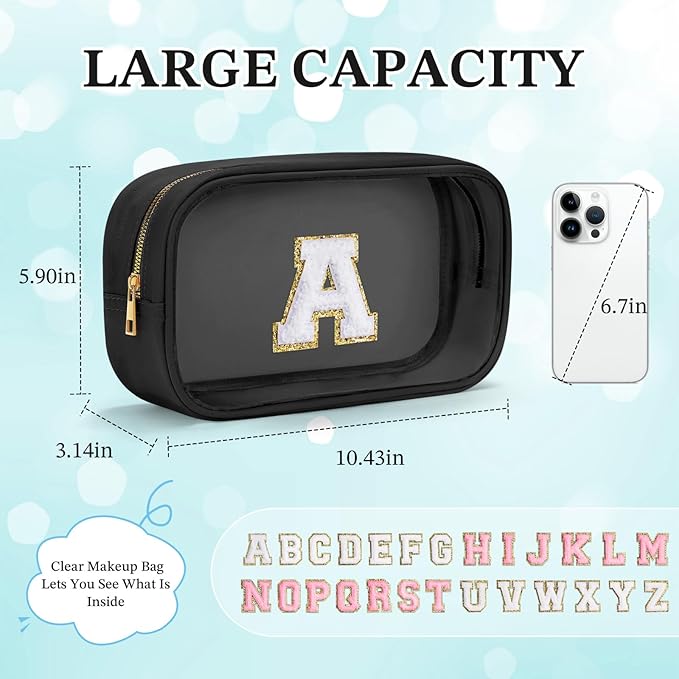 YOOLIFE Travel Toiletry Bag for Women, Black Clear Makeup Bag Cute Make Up Bag Cosmetic Bags Skin Care Makeup Bag Organizer Birthday Gifts for Women Teacher Mother Girlfriend Initial H