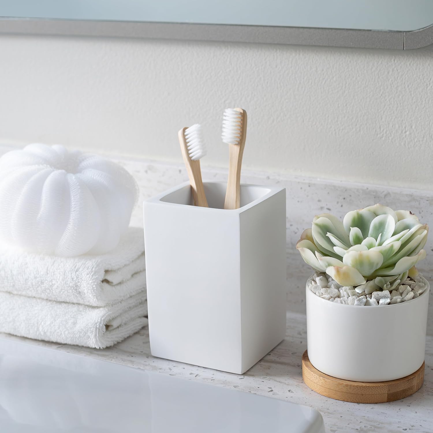 Matte White Toothbrush and Toothpaste Holder for Bathroom Vanity and Countertop, Square Organizer for Electric Toothbrushes, Floss, Razors, Cotton, and Mouthwash