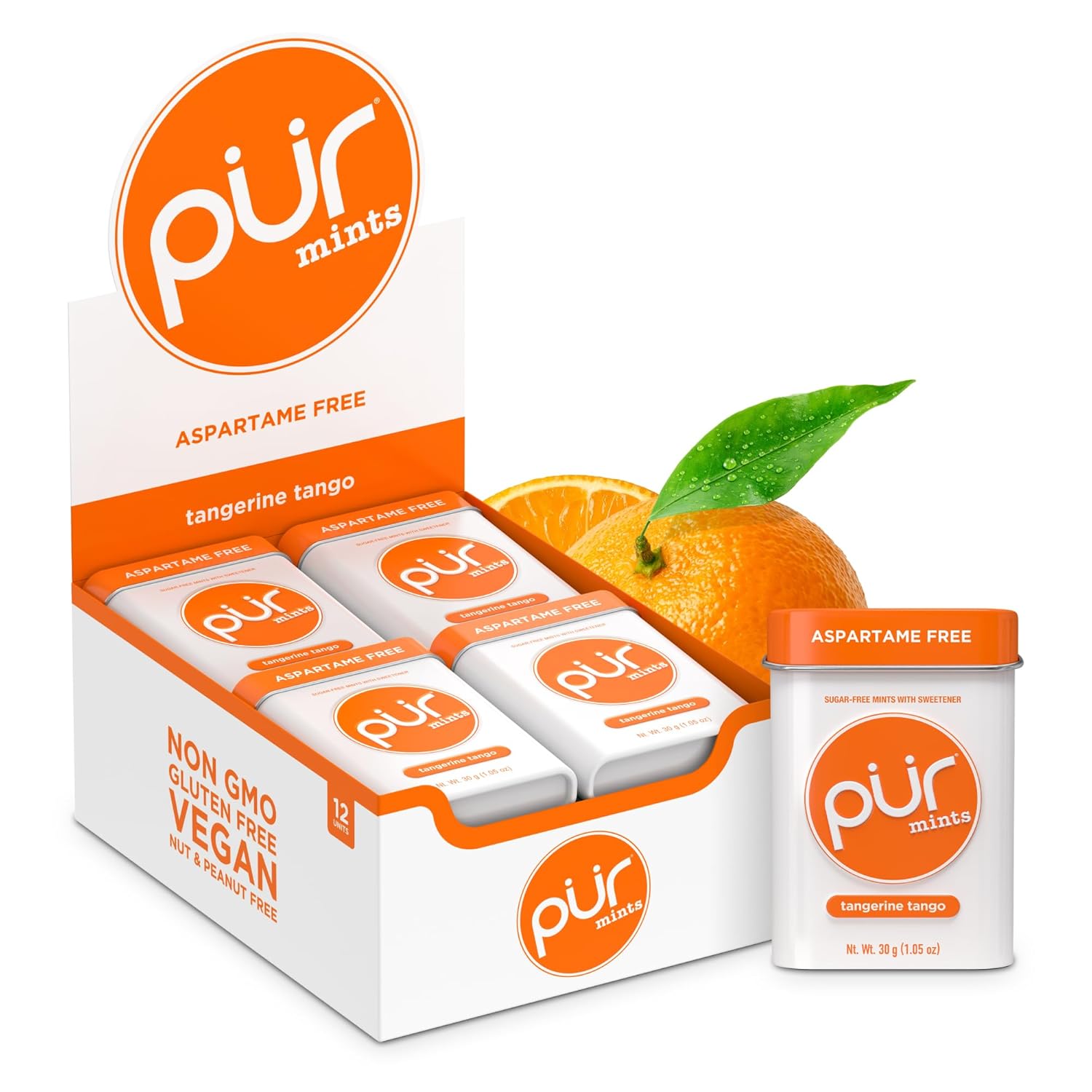 PUR Mints | Aspartame-Free | Made with Xylitol | Sugar-Free, Vegan, Gluten-Free & Keto Friendly | Natural Tangerine Tango Flavor, 30 Pieces (Pack of 12)