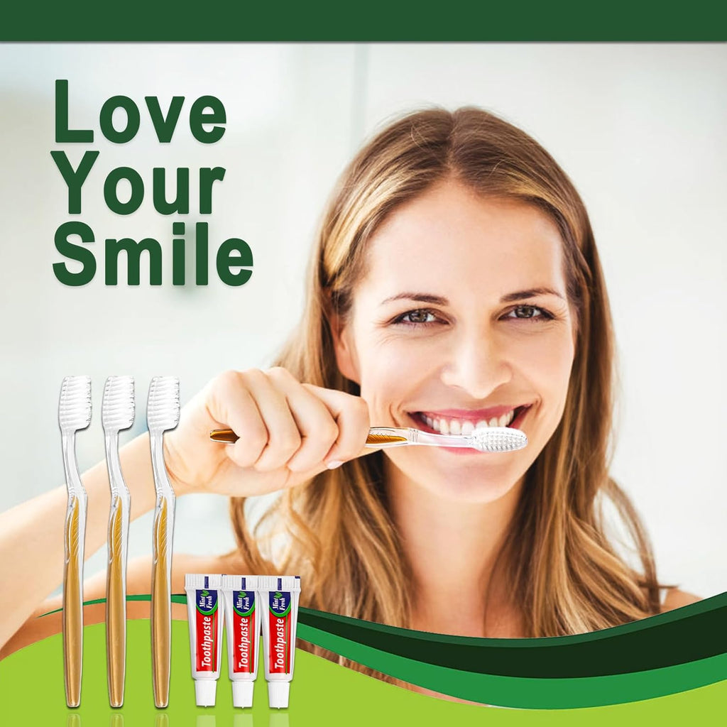 20 pcs Disposable Toothbrush with Toothpaste Bulk Individually Wrapped, Travel Toothbrush Kit, Hotel Toothbrushes Bulk for Airbnb,Shelter/Wedding/Nursing Home/Charity/Homeless, Gold