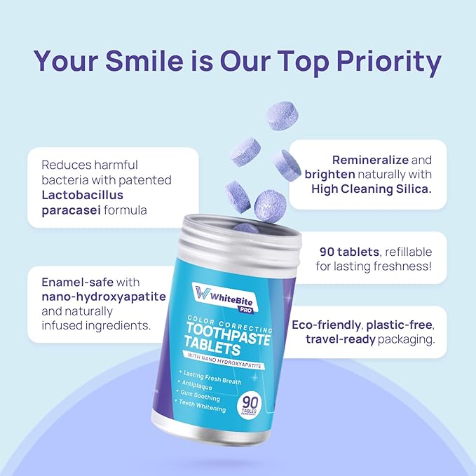 Whitebite Pro Color Correcting Toothpaste Tablets with Nano Hydroxyapatite | Fresh Breath & Natural Whitening | Travel-Friendly Toothpaste & Mouthwash | Fluoride and Plastic-Free (Peppermint, 2PK)
