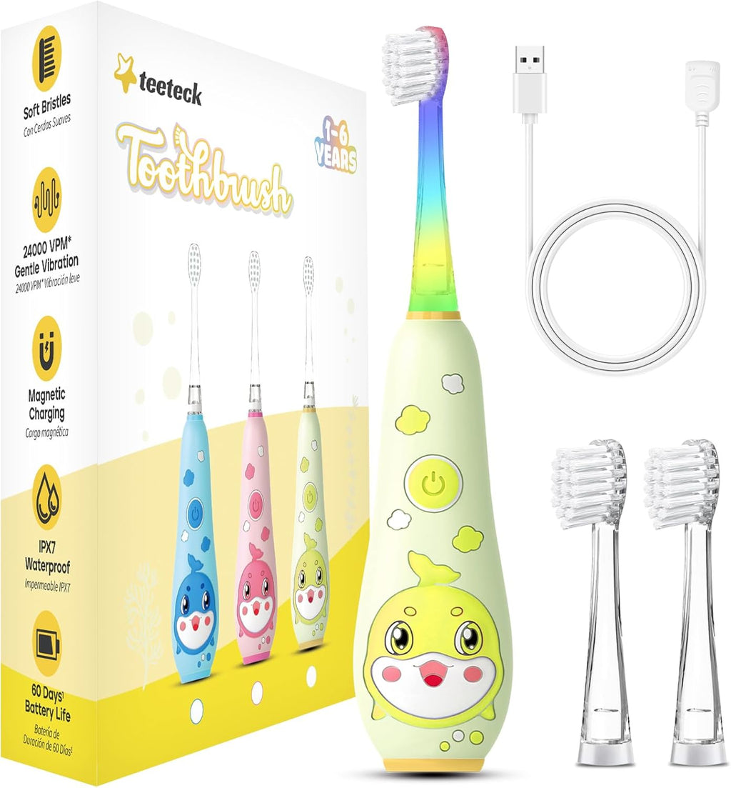 teeteck Electric Toothbrush for Kids - Toddler Electric Toothbrush with Magnetic Charging, Includes 2 Brush Heads, Magnetic USB Charging Cable for Ages 1-6 Boys Girls (Yellow