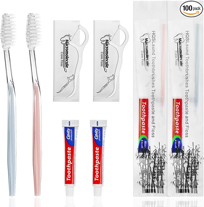 100 Pack Disposable Toothbrushes with Toothpaste Floss Individually Wrapped, 2 Color Toothbrush,10g Toothpaste,Floss Pick,Bulk Toothbrush Kit for Homeless,Airbnb,Hotel,Guest