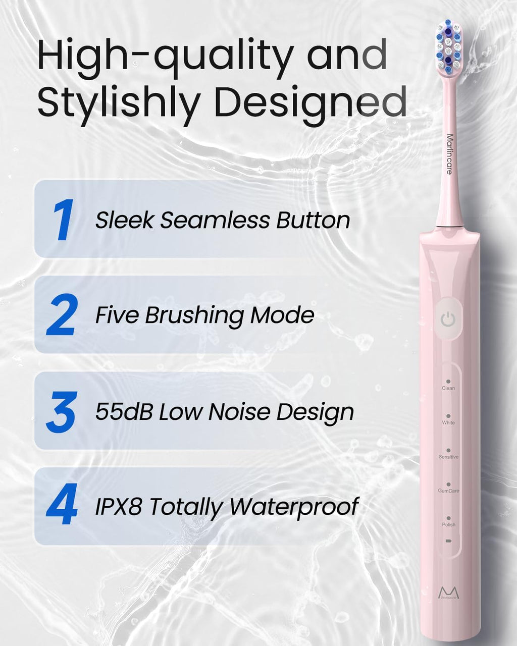 Electric Toothbrush for Adults, Rechargeable Sonic Travel Toothbrush Teens with 4 Brush Heads-180 Days Battery Life, 55000VPM, 5 Modes Smart Timer& Travel Case, Pink
