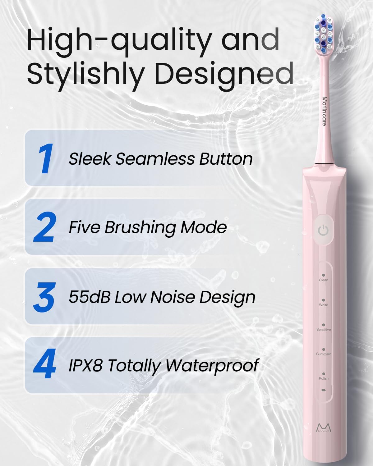 Electric Toothbrush for Adults, Rechargeable Sonic Travel Toothbrush Teens with 4 Brush Heads-180 Days Battery Life, 55000VPM, 5 Modes Smart Timer& Travel Case, Pink