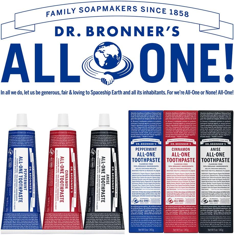 Dr. Bronner's All-One Toothpaste 4-Pack Variety– (Peppermint, Spearmint, Cinnamon, Anise, 5oz Each)– 70% Organic Ingridients, SLS Free Toothpaste, Fluoride Free, Natural, Vegan, for Sensitive Teeth