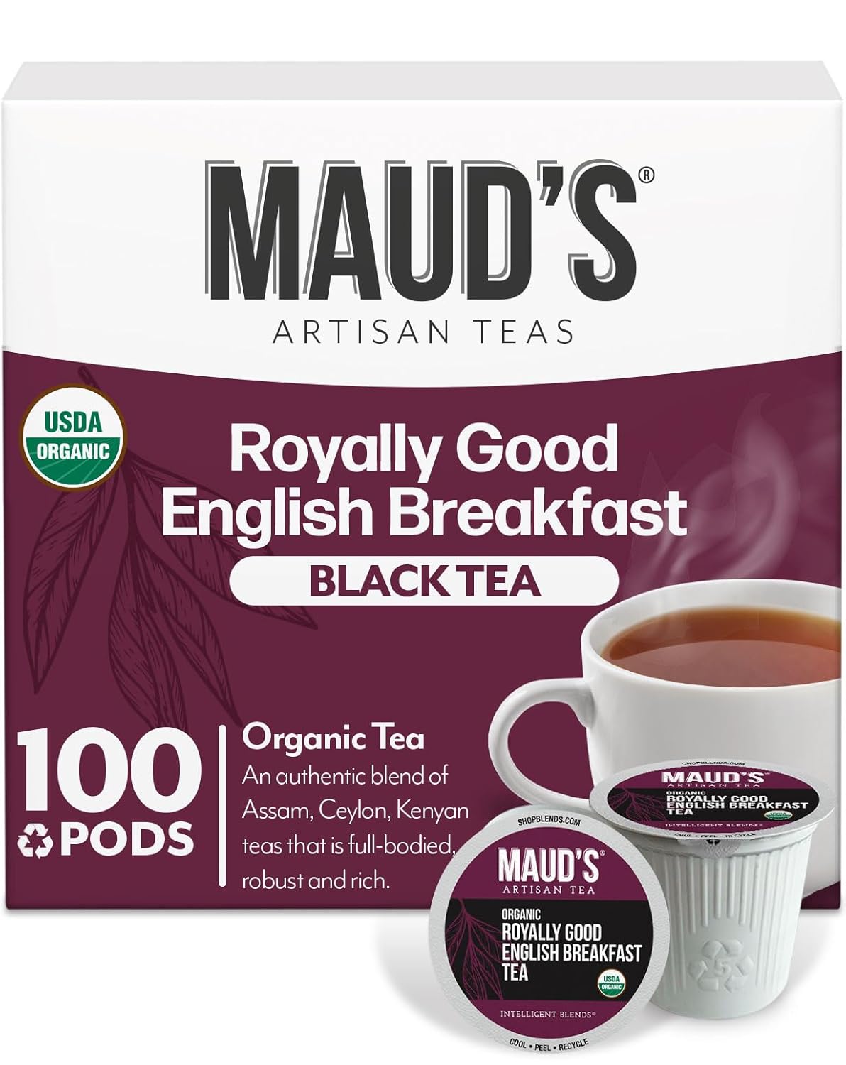 Maud's Organic English Breakfast Black Tea Pods, 100 ct, Recyclable Single Serve Pods – 100% Gourmet Blended Tea Leaves, Compatible with Keurig K Cups Maker