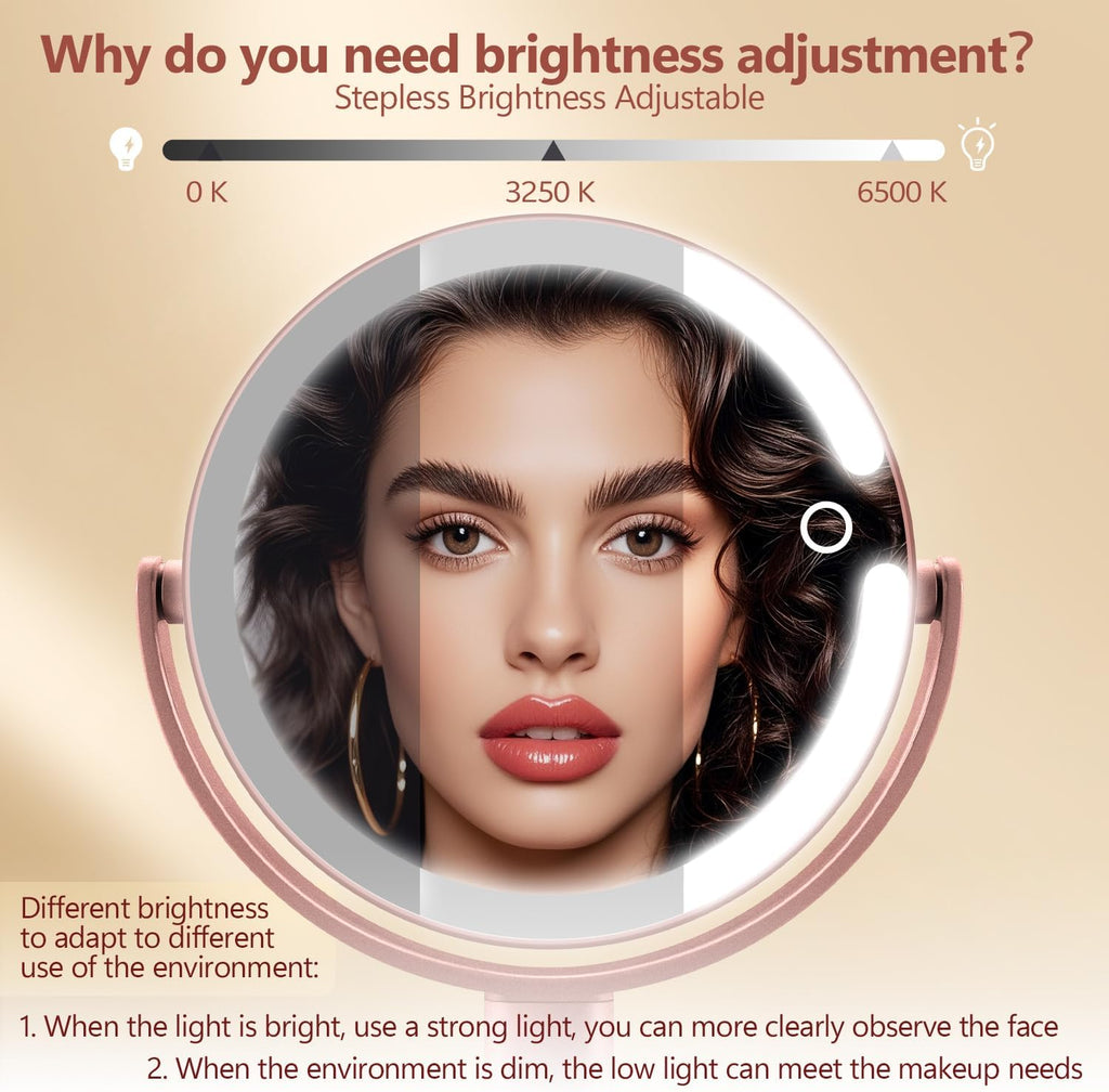 MIYADIVA Makeup Mirror with Lights,20X Magnifying Mirror with Light and Touch Switch, 2-Sided Vanity Mirror with 3 Colors and 80 LEDs, Metallic Rose Gold