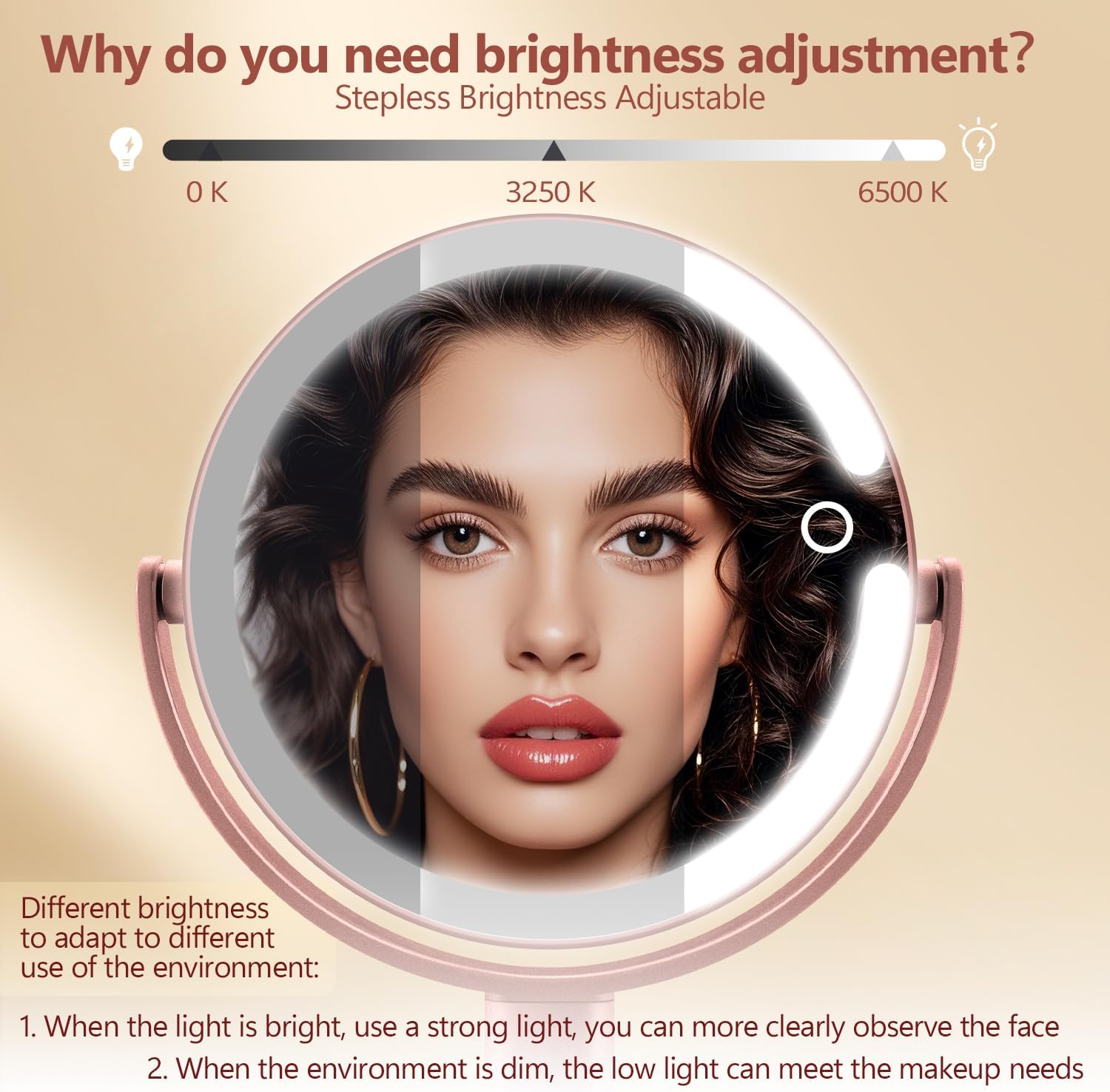 MIYADIVA Makeup Mirror with Lights,20X Magnifying Mirror with Light and Touch Switch, 2-Sided Vanity Mirror with 3 Colors and 80 LEDs, Metallic Rose Gold