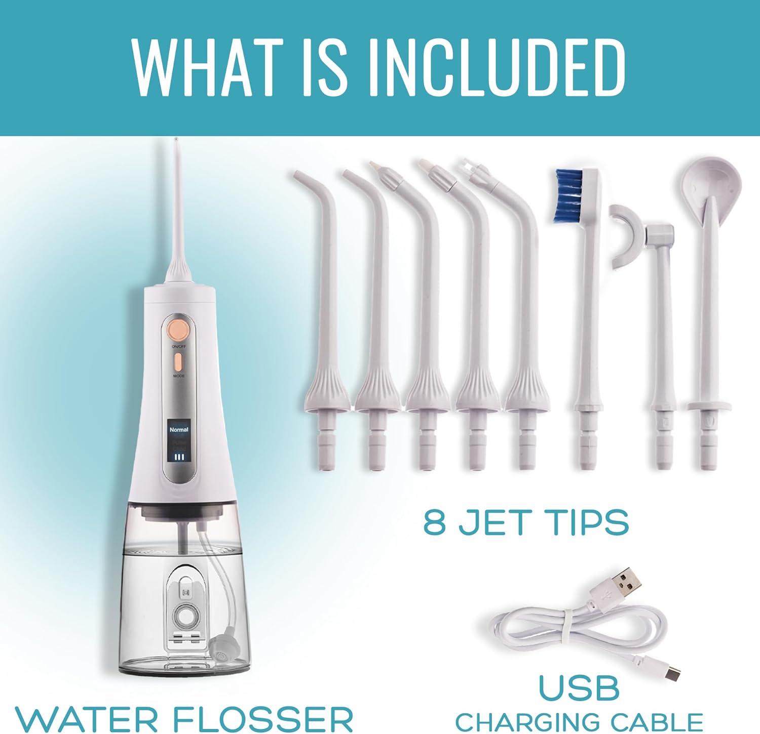 Portable Water Flosser – Cordless Oral Irrigator for Teeth Cleaning | 8 Jet Tips and 5 Modes | Travel and Home Use | Rechargeable and IPX7 Waterproof – White