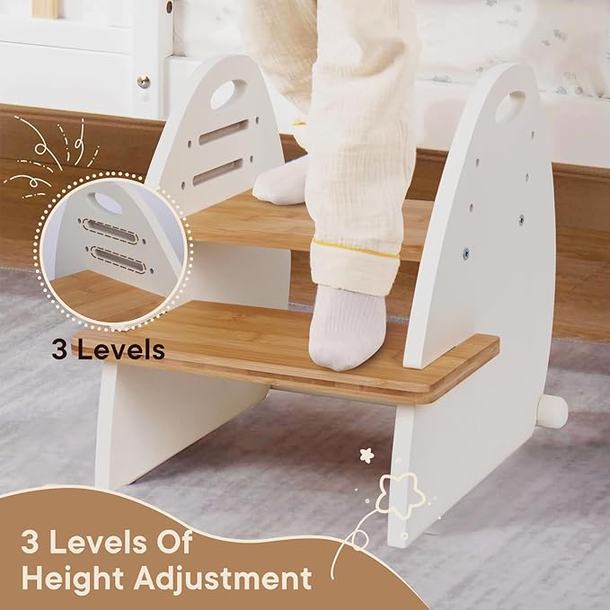 Wooden 2 Step Stool for Kids,Toddler Adjustable Triple Height Step Stool,Bamboo Bird-Shaped Design,300lbs Capacity,Ideal for Bathroom,Kitchen,Bedroom