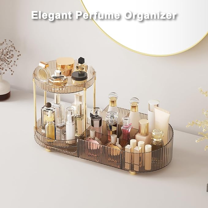 Rotating Makeup Organizer Countertop with Compartment for Vanity, Plastic Vanity Makeup Storage Organizer, 2-in-1 Desk Makeup Holders and Organizers with Perfume Tray for Cosmetics Bathroom