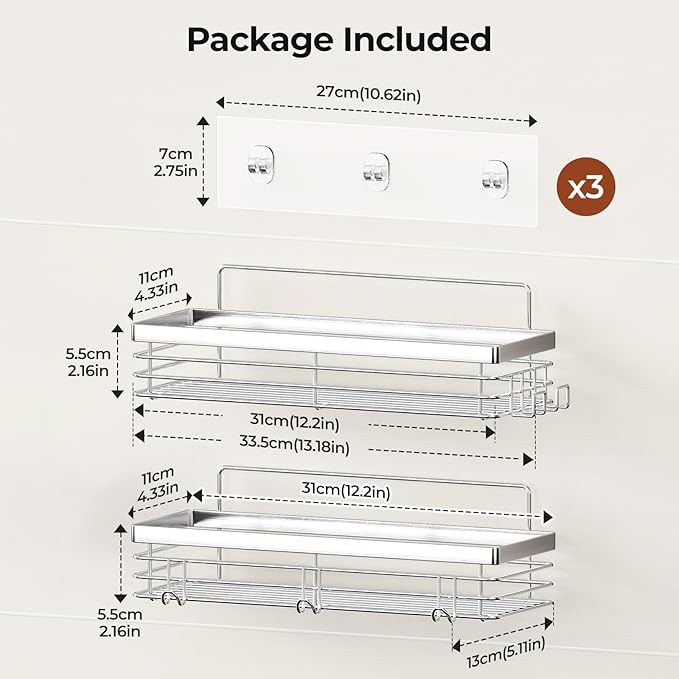 Orimade Shower Caddy with 5 Hooks Organizer for Hanging Razor and Sponge Bathroom Basket Adhesive Shower Shelf Storage Kitchen Rack Wall Mounted No Drilling Rustproof Stainless Steel - 2 Pack