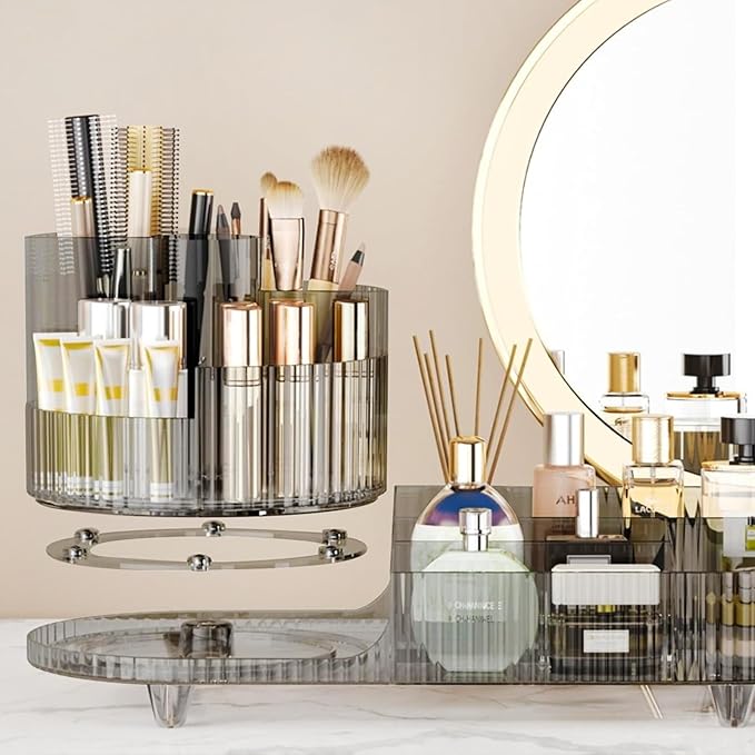 Rotating Makeup Organizer for Vanity with Brush Holder, Cosmetic Makeup Storage Organizer, Large Spinning Makeup Skincare Organizer, Countertop Makeup Perfume, Lotions Display Case (Transparent Black)