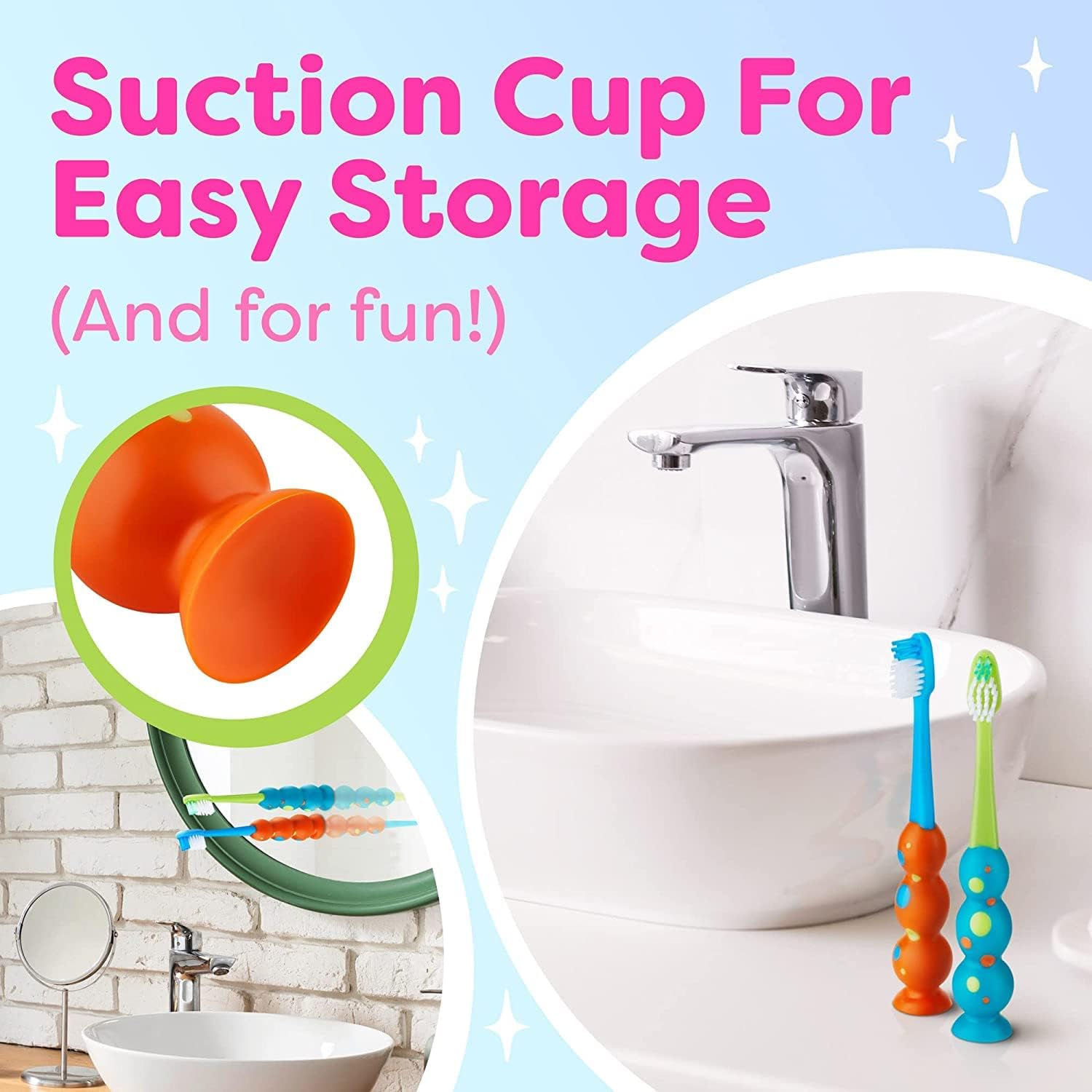 Trueocity Kids Toothbrush 2 Pack - Soft Contoured Bristles - Child Sized Brush Heads (3-10 Year Old) - Suction Cup for Fun & Easy Storage - Girl & Boy Set (2-Pack, Blue & Orange)