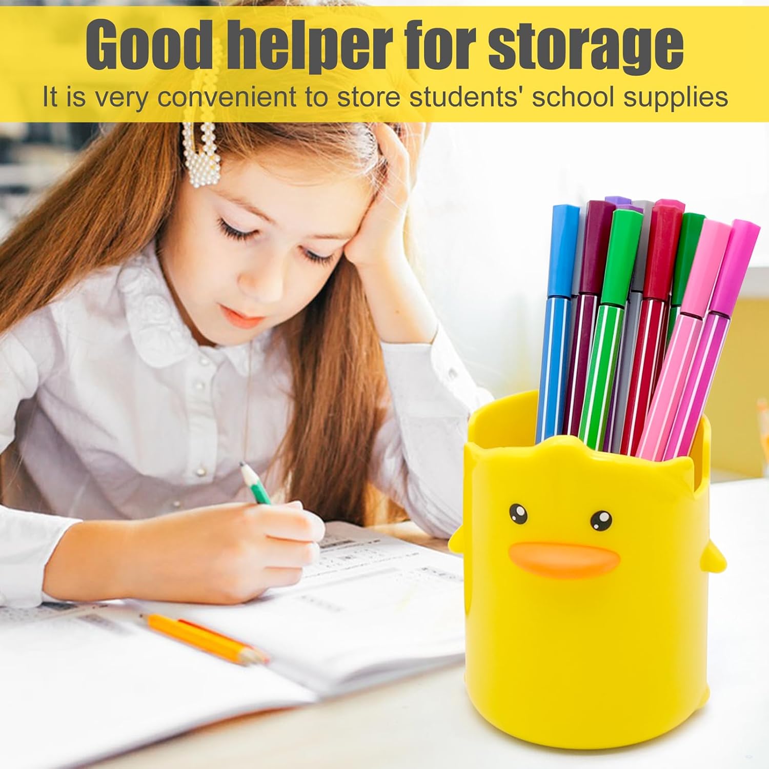 2 Pcs Pencil Holder for Kids, Cute Cartoon Little Yellow Duck Pen Holder, Multifunctional Phone Holder Makeup Brush Holder Stationery Storage Cup