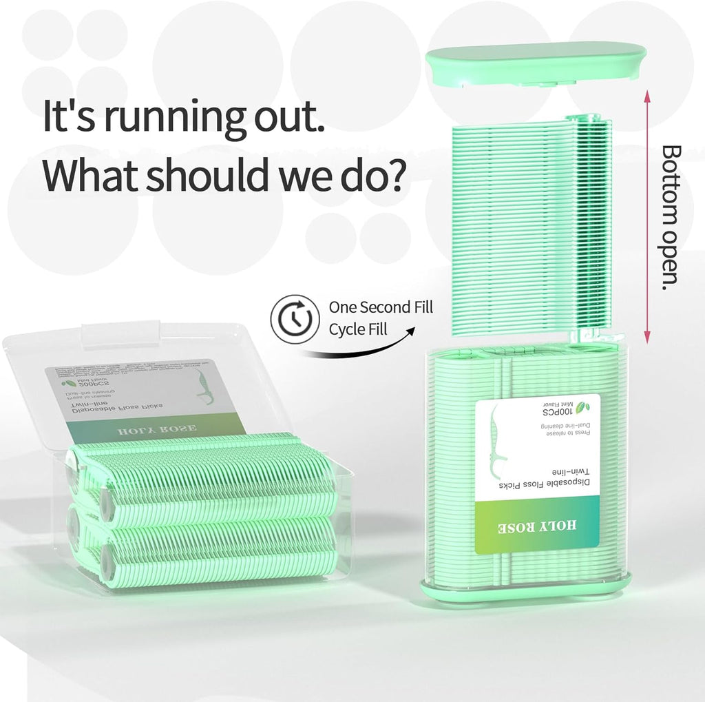 Holy Rose Dental Floss Dispenser and Flossers Storage Case Combo - with 100 Floss Picks and 200 Refillable - Mint Flavor，Twin Line Desig, for Organizing and Dispensing Dental Floss Stick Container