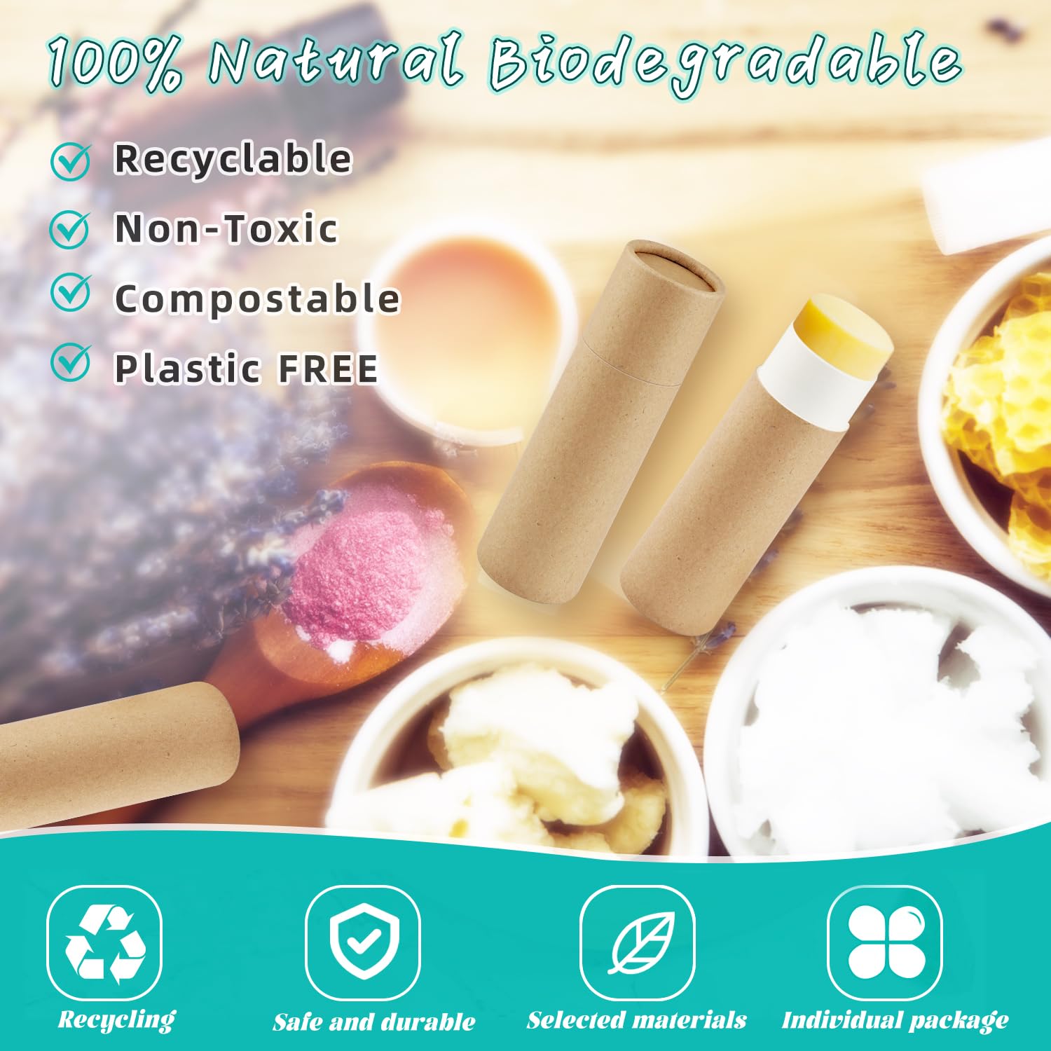 50 Pcs 0.3 oz Paperboard Lip Balm Tube,Empty Kraft Paper Chapstick Tube Holder,Push-Up Style Biodegradable Solid Perfume Lip Gloss Container for Lip Balm,Natural Compostable Container - Brown