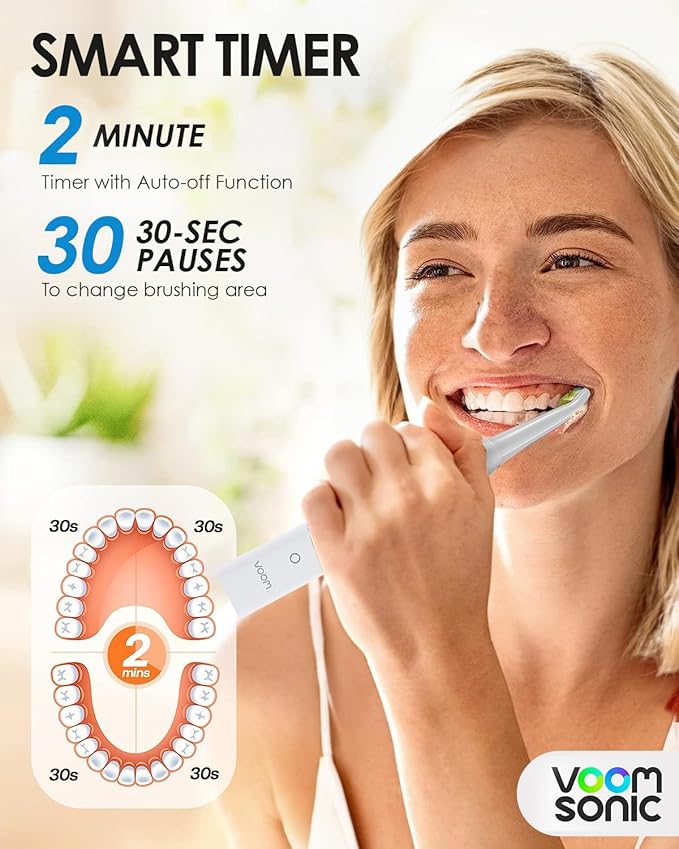 Voom Sonic Pro 7 Rechargeable Electronic Toothbrush + Pro 7 Series Replacement Brush Heads - 2-Minute Timer with Quadrant Pacing & 5 Adjustable Speeds,Soft Dupont Nylon Bristles Oral Care - White