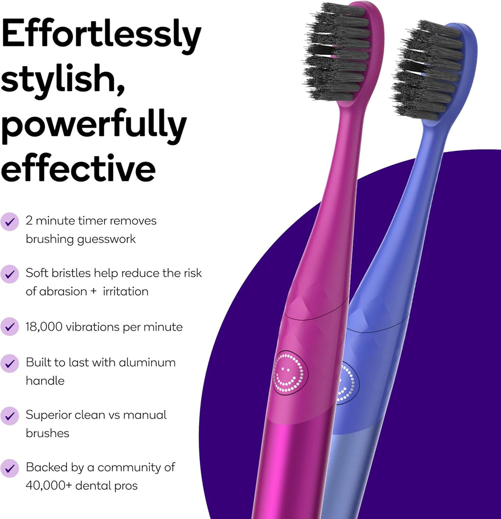 Burst Nova Toothbrush (2 Pack/Pink & Blue) | Sonic Powered Teeth Whitening | Super-Soft Bristles | 18000 VPM | 2 Minute Timer | Aluminum Handle | Replaceable Brush Head | Compact Size | AAA Battery