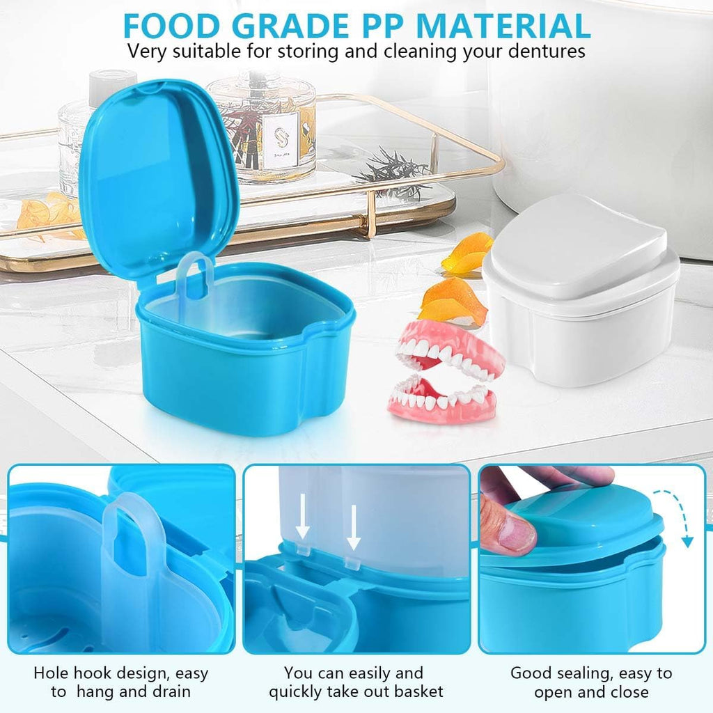 2 Pack Colors Denture Bath Case Cup Box Holder Storage Soak Container with Strainer Basket for Travel Cleaning (White and Light Blue)