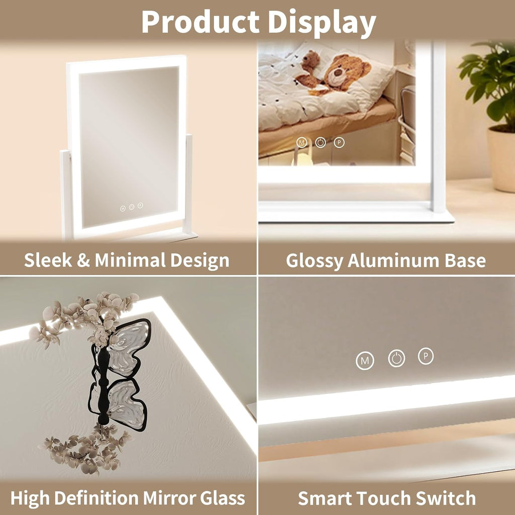 Vanity Mirror with Lights, Three Colors Lighting Mode, 360°Rotation, Lighted Makeup Mirror wih Stand for Desk, Bedroom, Dorm, 11x14.5 Inch