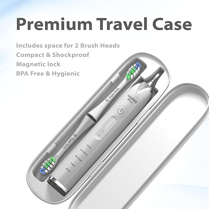 Wagner Stern Ultrasonic whitening Toothbrush with Pressure Sensor. 5 Brushing Modes and 4 Levels of Intensity, 8 Soft bristles, Travel case.