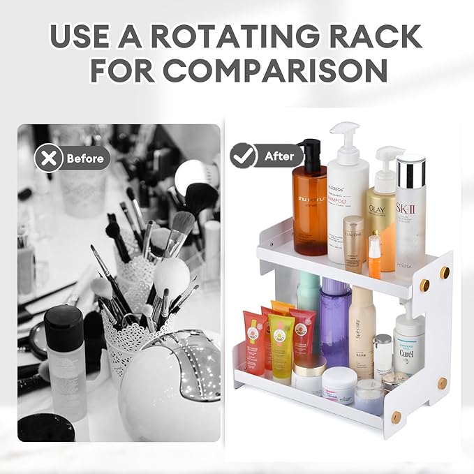 FFK 2 Tier Bathroom Countertop Organizer, SUS 304 Stainless Steel Storage Shelf for Cosmetic Organizer, Ideal for Cabinet, Countertop, Pantry, and Desktop, Office, White