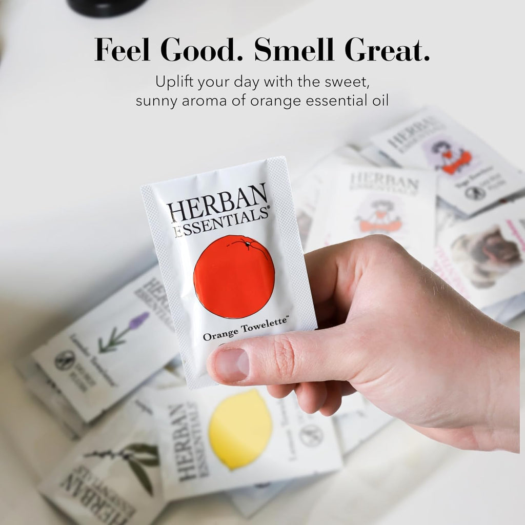 Herban Essentials - Orange Wipes & Towelettes - Essential Oil Wipes for Make Up, Hands, Face & Body - Travel Size Essentials & Toiletries - Natural, Individually Wrapped, Disposable & Moist (7 count)