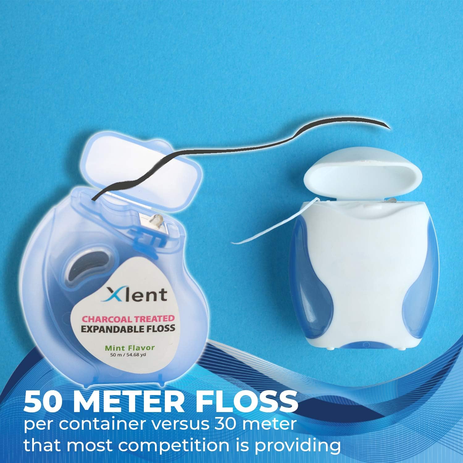 Expandable Floss Treated with Activated Charcoal with Xylitol and Natural Plant Based Wax |Fresh Mint Flavor | 50 Meter (4 Count)