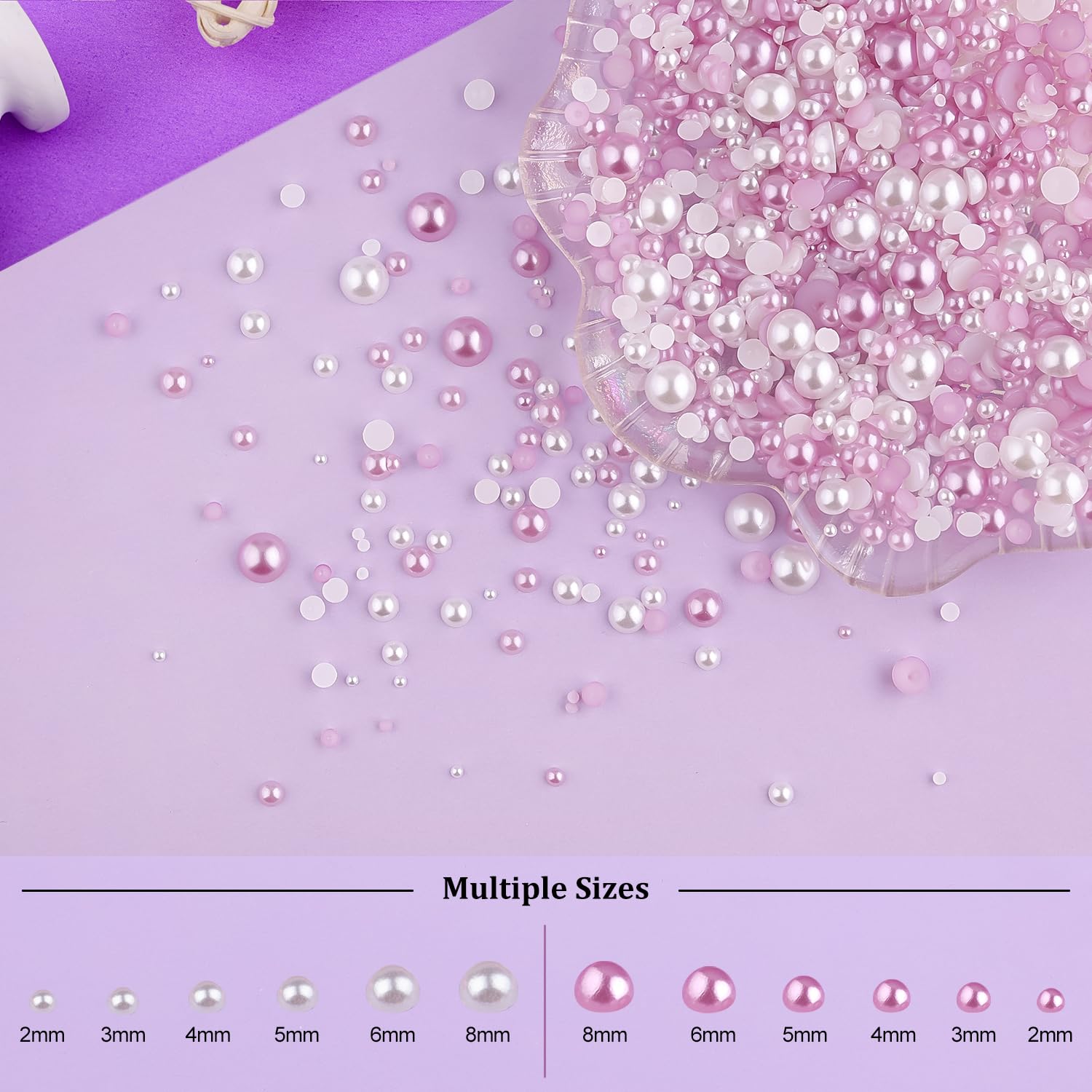 2 Boxes Flat Back Pearls Kit 2 Flatback White&Light Purple Half Round Pearls with Pencil and Tweezer 2-8mm for Face Makeup and Craft