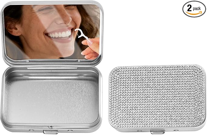 2Pack Bling Dental Floss Cases, Portable & Refillable Floss Pick Holders with Mirror, Gum Container Metal Tin Box Case for Q-tip,Cotton Swab (Silver)