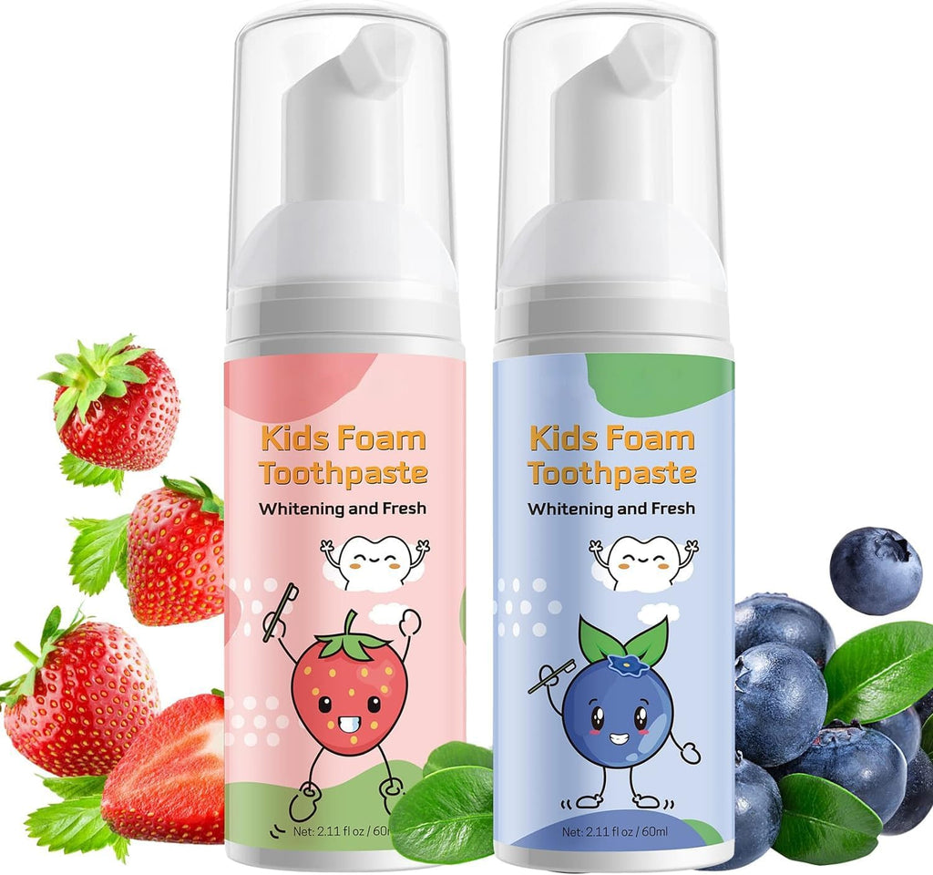 Foam Toothpaste Kids 2PCS, Toddler Toothpaste Cavity Protection 360º Care Natural, Teeth Whitening Toothpaste Fluoride Free for Electric & U-Shape Toothbrushes(Strawberry &Blueberry)