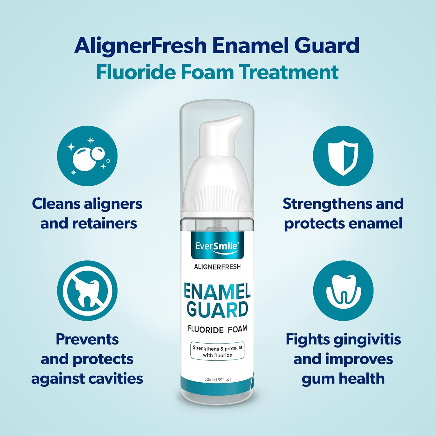 EverSmile AlignerFresh Enamel Guard Fluoride Foam – Aligner & Retainer Cleaner/Whitener with Enamel Protection – Strengthens, Protects & Whitens Teeth, Eliminates Bacteria – Fresh Mint, 1 Pack (50ml)