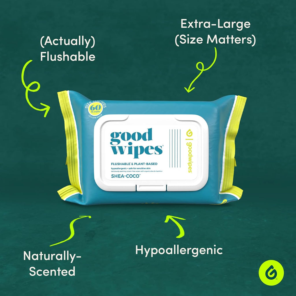 goodwipes Flushable Butt Wipes Made with Vitamin E & Aloe - Soft & Gentle Wet Wipe Dispenser for Home Use, Septic & Sewer Safe - Largest Adult Toilet Towelettes - Shea-Coco, 360 Count (6 Packs)