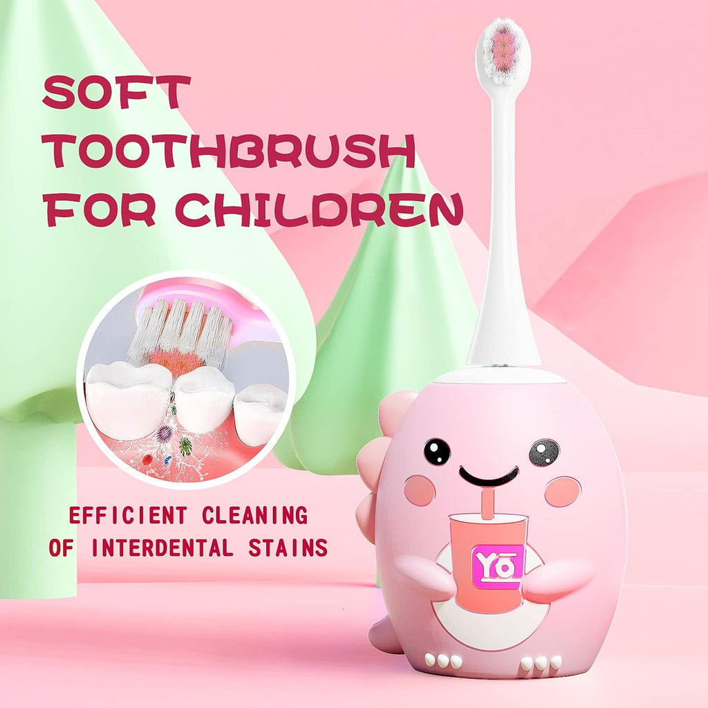 Kids U Shaped Electric Toothbrush with 4 Brush Heads, Sonic Toothbrush Kids with 5 Modes, Cartoon Dinosaur 360-Degree Cleaning IPX7 Waterproof Design (6-12 Age (Pink))