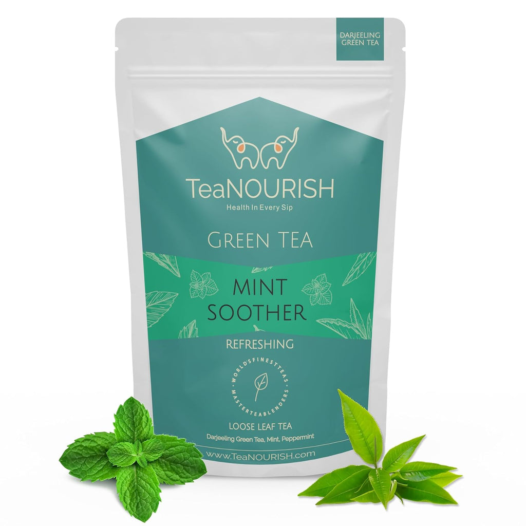 TeaNOURISH Mint Soother Green Tea | Darjeeling Loose Leaves | Blended with Fresh Mint & Peppermint Leaves | Refreshing & Calming Tea | 50 Cups Hot or Iced Tea - 3.53oz/100g