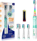 Kids Electric Toothbrush with 2 Minute Timer 30 Seconds Reminder and 4 Replacement Bursh Heads,Color Led Lights,24,000 Vibrations Boys Battery Power Toothbrush for Ages 4-12 Years(Green)