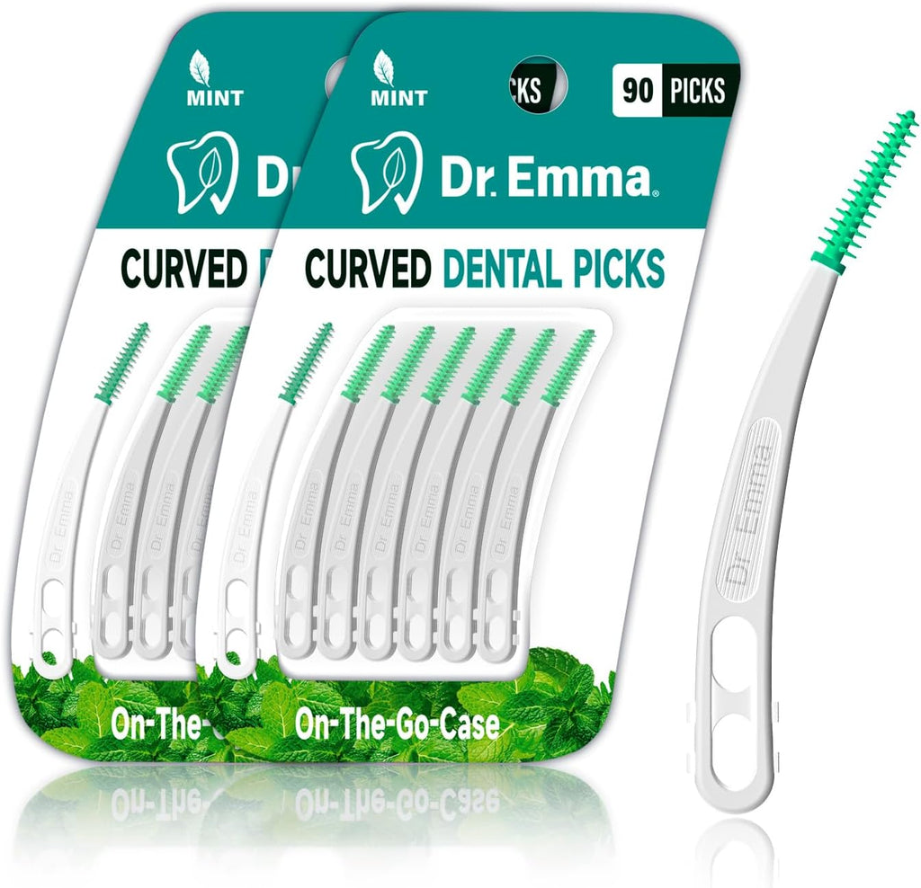 Dr. Emma Dental Picks Mint Curved Soft Rubberized Tooth Picks Easy to Use Brush Picks with Carry Case, 90Ct/Pack, 2 Pack