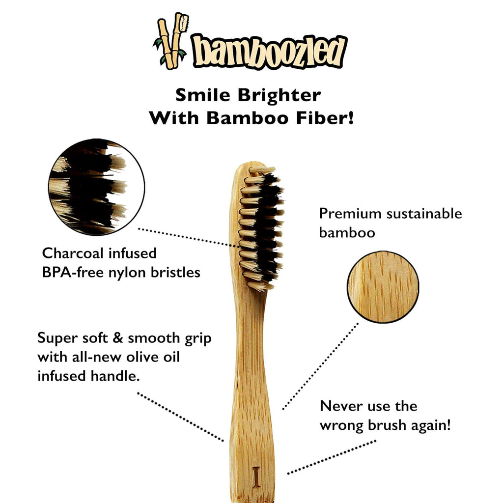 Bamboozled | Bamboo Toothbrush | BPA Free | Charcoal Infused Soft Bristles | Environmentally Friendly & Biodegradable | Set of 4 | with Bamboo Toothbrush Holder