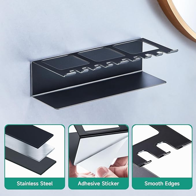 Electric Toothbrush Head Holders, Electric Toothbrush Holders Wall Mounted, Shower Electric Head Holder, Toothbrush and Toothpaste Holder, Adhesive Tooth Brushing Holder for Bathroom (Black, Large)