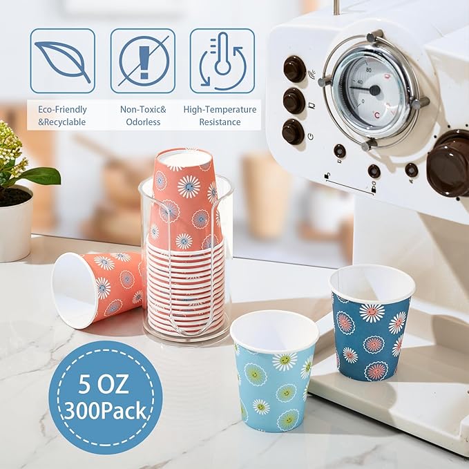 SIUQ 300 Pack 5 oz Paper Cups, Disposable Bathroom Cups, Small Mouthwash Cups, Hot/Cold Beverage Drinking Mini Cup for Party, Picnic, BBQ, Travel (Daisy)